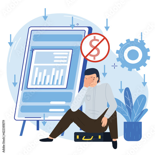 Businessman is upset because of failed deal, loss of income and unsuccessful investment. Financial crisis, business failure, economy crash, bankruptcy unpaid loan debt, money problem, economy decrease