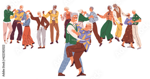 Old people dancing. Vector illustration. Funny elderly couple dancing. Elderly people romantic loving relations. Grandfather grandmother celebrating wedding anniversary. Happy old man woman embracing