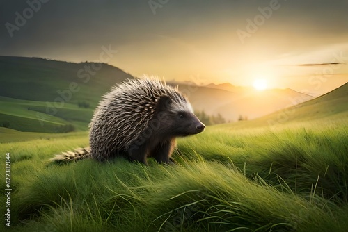 porcupine in the green field  generated Ai technology photo