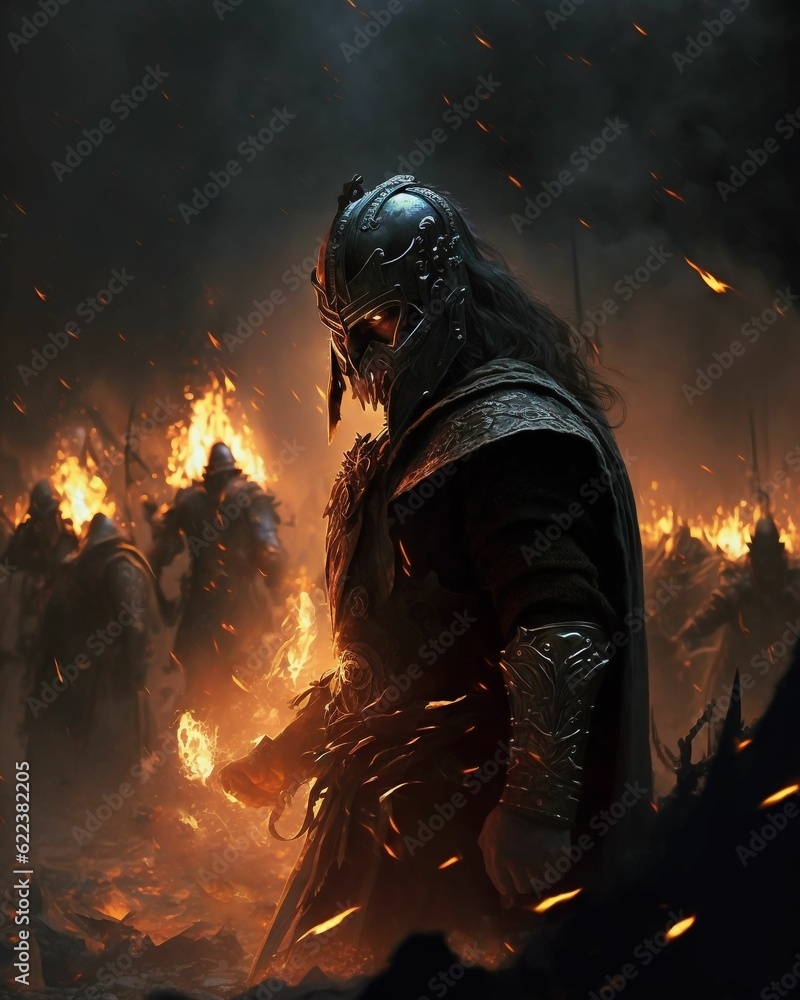 AI illustration of a warrior standing on the battlefield with fire hues in the background AI illustration of a warrior standing on the battlefield with fire hues in the background