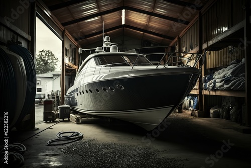 AI-generated illustration of a boat being worked on inside a workshop in a warehouse building.