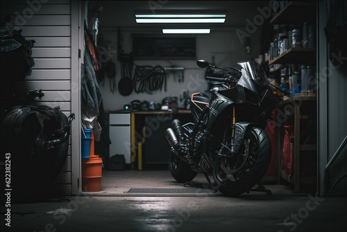 AI-generated black motorcycle parked in a dark garage.