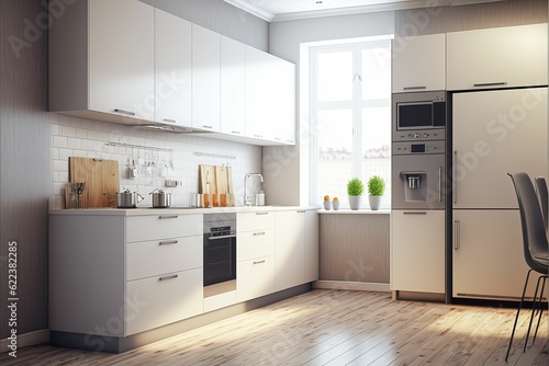 AI generated illustration of A white kitchen with wooden floors