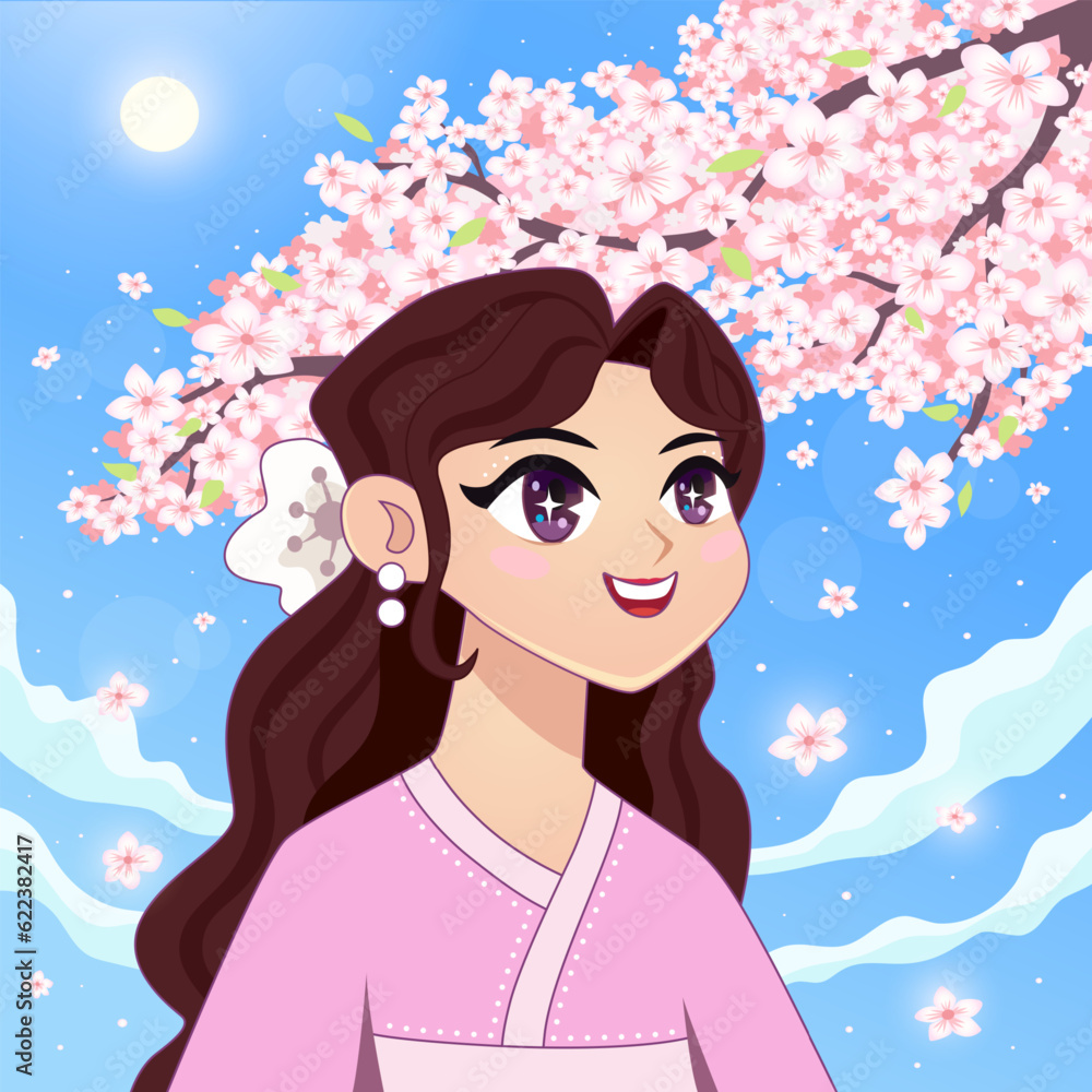 Beautiful smiling girl watching cherry blossom, sakura blossom. Travel to Japan, South Korea, China and Asian countries. Illustration in a cartoon flat style for a card, poster design Beautiful smiling girl watching cherry blossom, sakura blossom. Travel to Japan, South Korea, China and Asian countries. Illustration in a cartoon flat style for a card, poster design