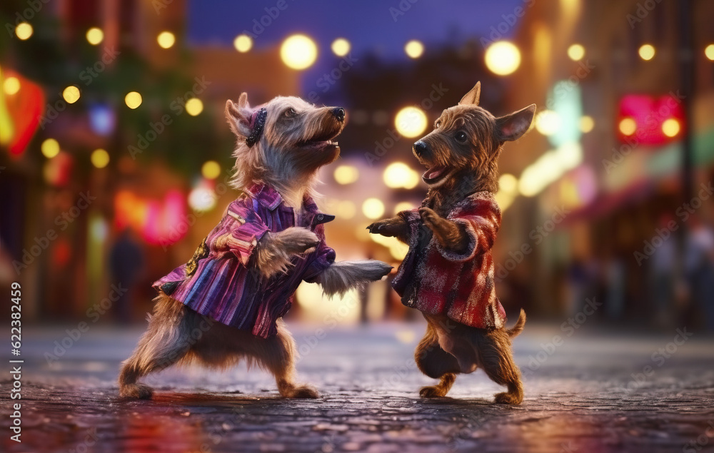 Happy dogs dancing in the street created with Generative AI technology Happy dogs dancing in the street created with Generative AI technology