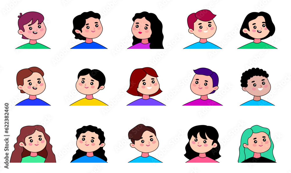 Collection of happy men and women avatars, user portraits. Male and female characters faces set. Vector flat cartoon style illustration isolated, on white background Collection of happy men and women avatars, user portraits. Male and female characters faces set. Vector flat cartoon style illustration isolated, on white background