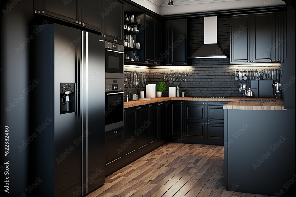 AI generated illustration of a black kitchen corner with furniture AI generated illustration of a black kitchen corner with furniture