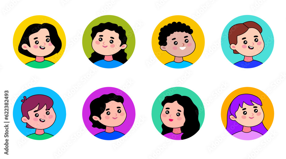 Happy young men and women avatar collection. Male and female characters faces. Vector flat cartoon style illustration isolated on white background Happy young men and women avatar collection. Male and female characters faces. Vector flat cartoon style illustration isolated on white background