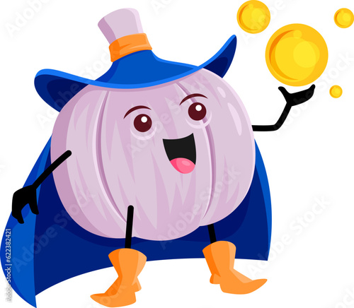 Cartoon garlic Halloween vegetable wizard, witch and mage character. Vector spicy veggies magician with mystic sphere conjuring spells and performing tricks promoting wonder and fantasy-themed content