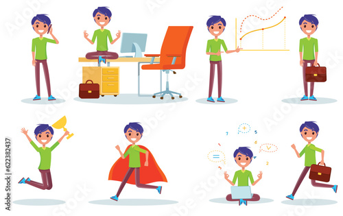 Set of student boy in different poses doing educational activities. College teenager pupil daily life, studying and preparing for school lesson, rest and relaxation, joy and success superhero