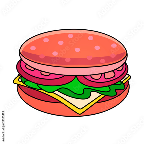 Beef burger with sesame  cutlet  tomatoes  cheese  lettuce leaves and bun. American fast food. Snack  sandwich with vegetables and sauce. Vector cartoon flat illustration isolated on white background