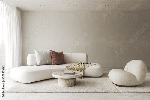 Conceptual interior living room with stucco wall. Creative composition sofa with chair and stone table in pastel color. Mockup empty background. 3d rendering. High quality 3d illustration