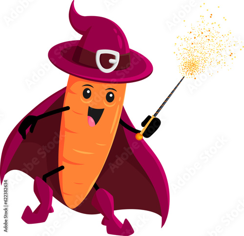Cartoon carrot Halloween vegetable wizard, witch and mage character with a wand using magic. Vector whimsical magician veggies personage for children book, game, menu or promotion of healthy eating