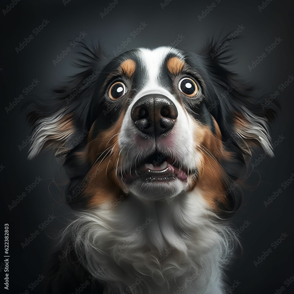 AI generated portrait of a funny tricolor canine with surprised expression