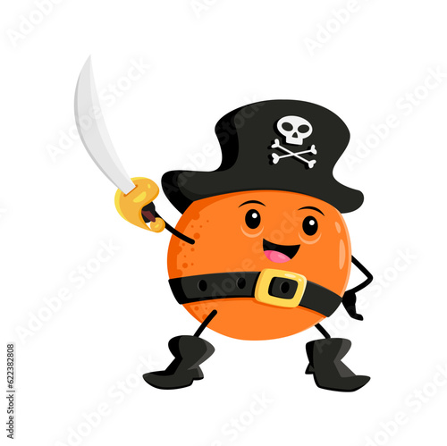 Cartoon orange fruit pirate and corsair character with saber. Happy brave vector citrus with cutlass in hand attacking with cutlass. Isolated smiling freebooter picaroon personage for kid game or book