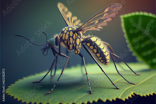 AI generated illustration of a close-up yellow mosquito perched on a green leaf © Aukid/Wirestock Creators