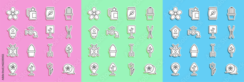 Set line Flower, Forest, Gardening handmade scissors, Fertilizer bag, Water tap, Bird house, and icon. Vector Set line Flower, Forest, Gardening handmade scissors, Fertilizer bag, Water tap, Bird house, and icon. Vector