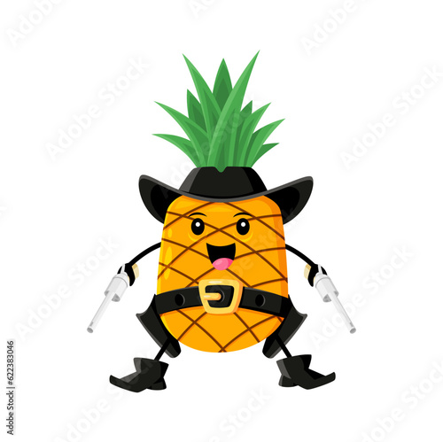 Cartoon pineapple fruit cowboy, sheriff, ranger or bandit character. Vector wild west robber in hat with guns. Funny healthy food , happy vitamin horseman western personage for kids menu, book or game