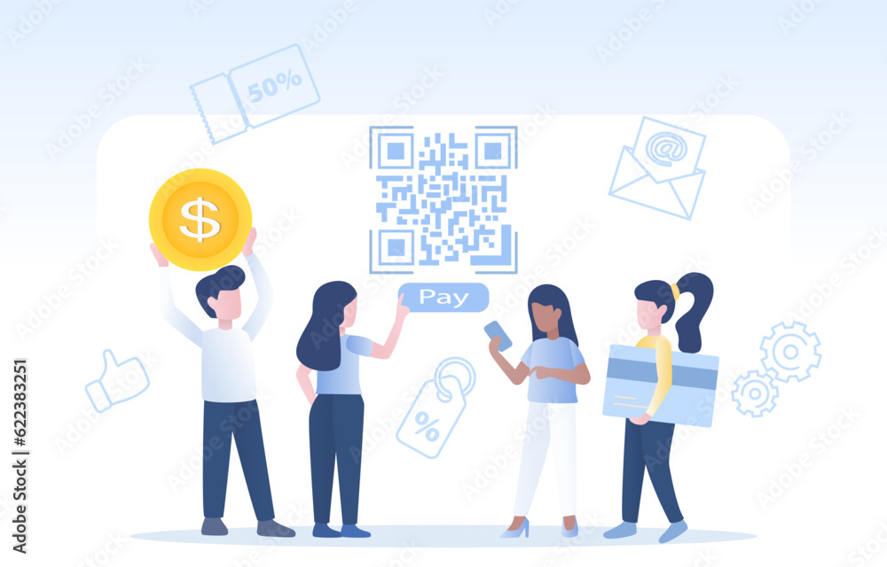 Digital online payment concept. Convenience in making transactions through digital platforms, online shopping, scan QR code to pay, discounts, promotions and order online. Vector design illustration. Digital online payment concept. Convenience in making transactions through digital platforms, online shopping, scan QR code to pay, discounts, promotions and order online. Vector design illustration.