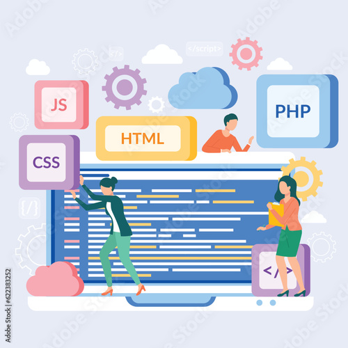 PHP and HTML development concept. Software website developer with computer, programmer service, open source general purpose programming language. Scripting web applications allows to create programs
