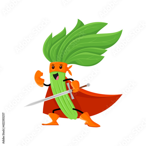 Cartoon spinach vegetable super hero character with sword. Isolated vector greenery brave warrior or knight, superhero personage in cape and mask ready for fight. Funny fairytale healthy vitamin food