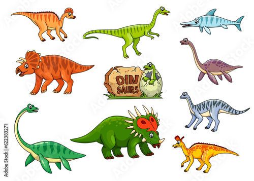 Cartoon dinosaur characters or Jurassic dino reptiles and lizards  vector kid toys. Cute dinosaur characters monsters and funny cheerful dino baby hatching from egg  arrhinoceraptors and ichthyosaurus