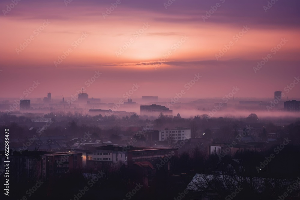 AI generated illustration of A city skyline during sunset, illuminated by a dense fog