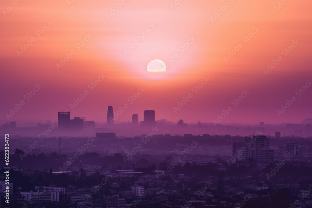AI generated illustration of a cityscape at dusk, with the sun setting in the background