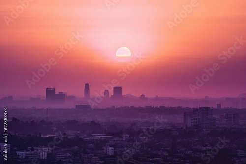 AI generated illustration of a cityscape at dusk, with the sun setting in the background