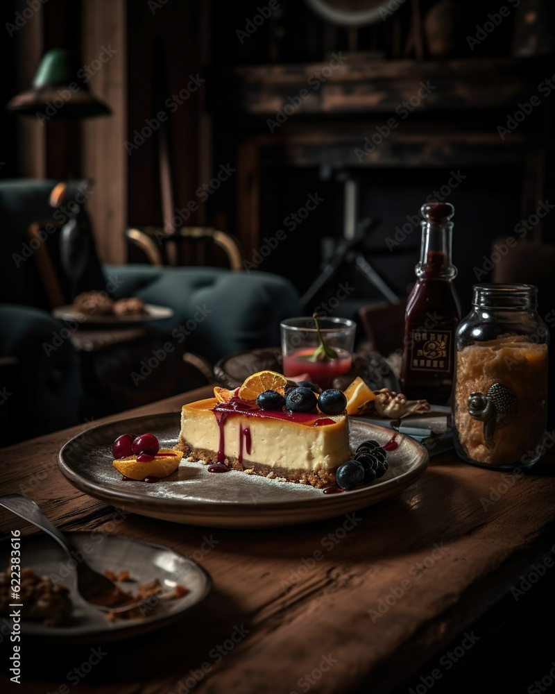a cake and some jam is on a table in a dark room