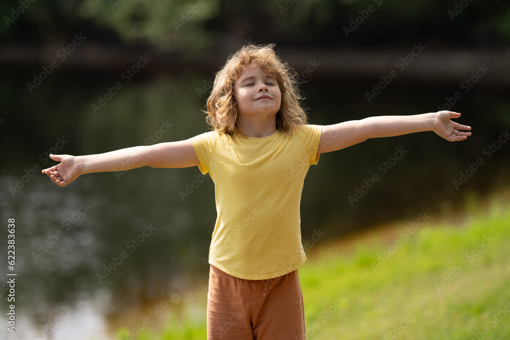 Little kid boy raising hands enjoying life and summer nature. Happy kid looking on summer sun. Fresh air, environment concept. Dream of flying. Summer seasonal outdoor. Carefree child enjoys summer
