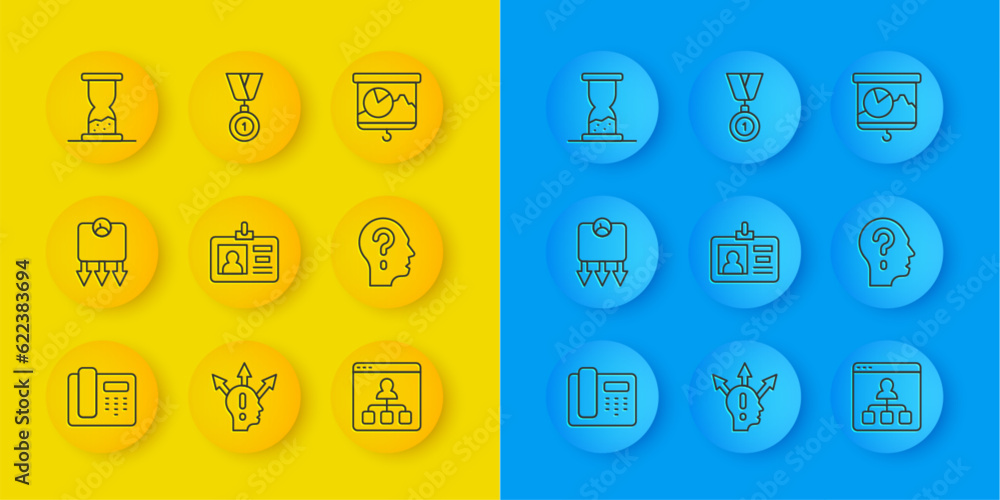 Set line Telephone 24 hours support, Weight loss, Identification badge, Online education, Head with question mark, Old hourglass sand, Chalkboard chart and Medal icon. Vector Set line Telephone 24 hours support, Weight loss, Identification badge, Online education, Head with question mark, Old hourglass sand, Chalkboard chart and Medal icon. Vector