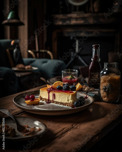 a cake and some jam is on a table in a dark room