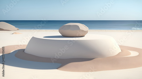 Empty rounded wooden podium product display on white sand beach over the ocean