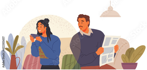 Man and woman sitting on sofa with newspaper and smartphone. Father with journal and girl using phone sitting on couch. Online education, learning. Deficit of communication, addiction to gadgets