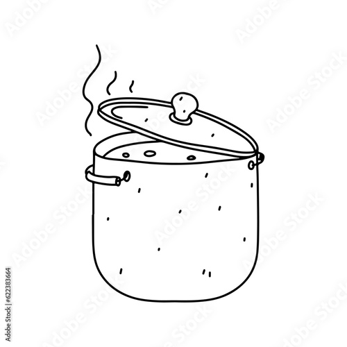 Hot pot with the meal inside. Hand drawn doodle style. Vector illustration isolated on white. Coloring page.