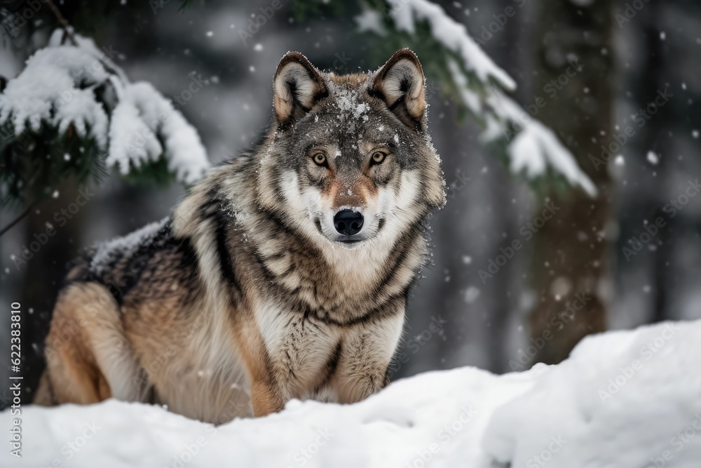 AI generated illustration of a wolf in a forest covered in the snow with a blurry background