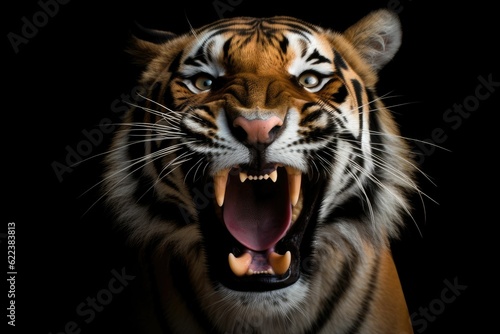 AI generated illustration of a roaring Bengal tiger isolated on a black background © Lee Gregory/Wirestock Creators