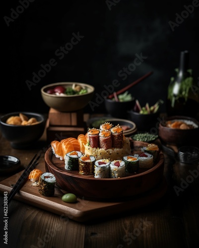 AI generated illustration of A close-up shot of a plate with an assortment of sushi
