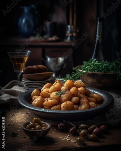 AI generated illustration of A bowl of tater tots with a small bowl of olives