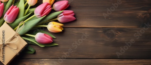 AI generated illustration of a vibrant tulip bouquet with a gift box against a wooden background