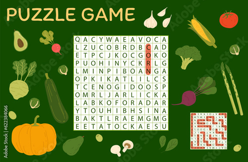 Word search puzzle game. Harvest raw vegetables. Vector worksheet with beet, tomato, pumpkin and zucchini. Broccoli, avocado, corn and asparagus. Garlic, radish and kohlrabi veggies. Kids quiz grid