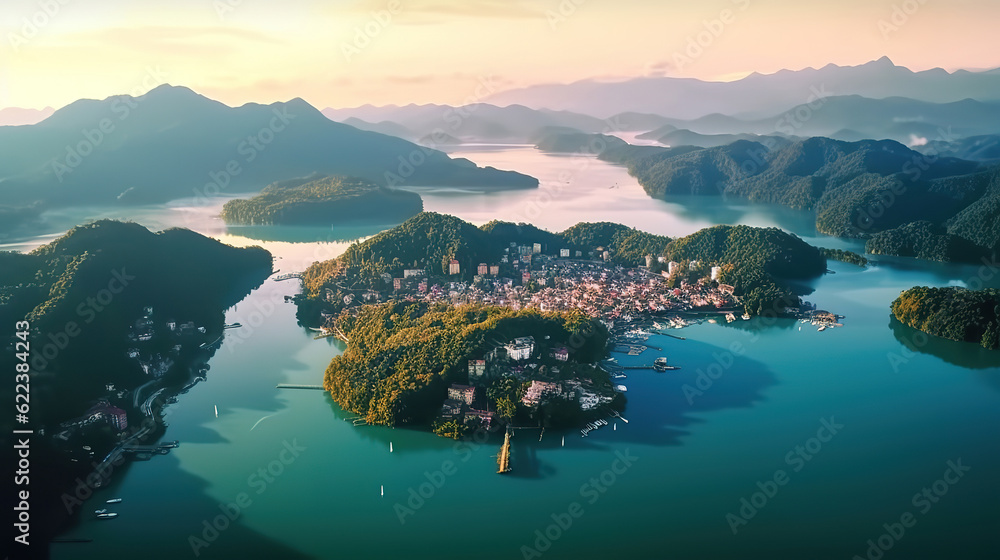 Aerial view Landscape of Sun Moon Lake and lalu isiland in Nantou. Generative ai