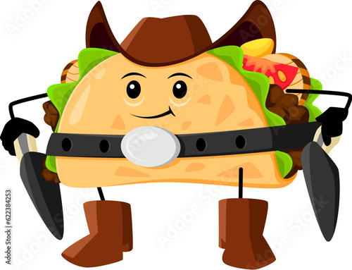Cartoon taco cowboy, sheriff, bandit and robber or ranger tex mex mexican food character. Isolated vector rugged and daring Wild West personage wear hat and boots, armed with guns ready for adventure