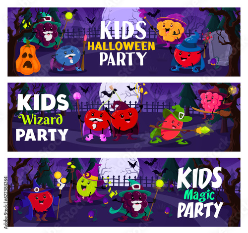 Halloween party, cartoon berry wizards and mages at cemetery. Vector horizontal banners with gooseberry, blueberry and barberry, cherry, raspberry, cloudberry and blackberry funny warlock characters