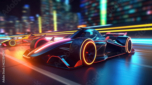 Fast car with blue and red neon lights running at high speed. Generative ai