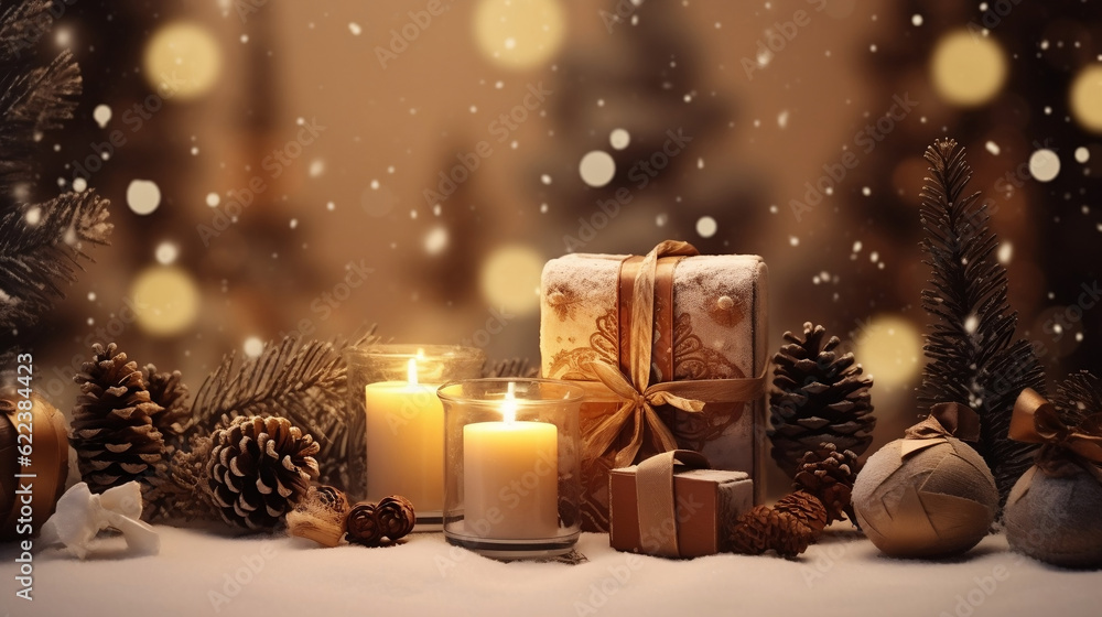 Warm Night Christmas decorations with candles, gifts / Concept Merry Christmas and Happy New Year, Generative Ai