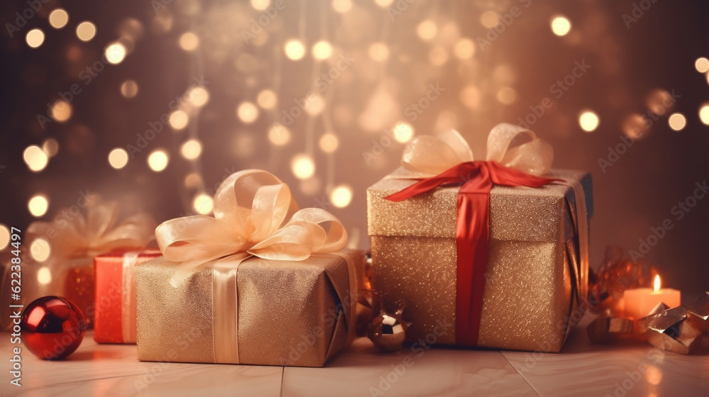 Warm Night Christmas decorations with candles, gifts / Concept Merry Christmas and Happy New Year, Generative Ai Warm Night Christmas decorations with candles, gifts / Concept Merry Christmas and Happy New Year, Generative Ai