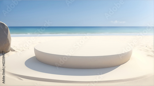 Empty rounded wooden podium product display on white sand beach over the ocean