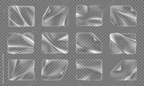 Transparent rectangle plastic patch stickers, overlay adhesive sticker realistic 3d vector mockup. Clear shrunken decals with rectangular shape. Durable, versatile, and easy to apply set of pvc labels